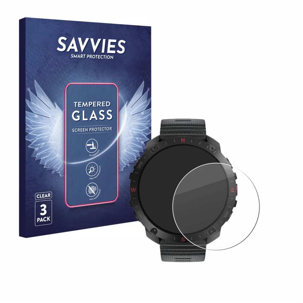 Front side of a product packaging with the brand logo Savvies. Next to it is the device Polar Grit X2 Pro shown with the corre