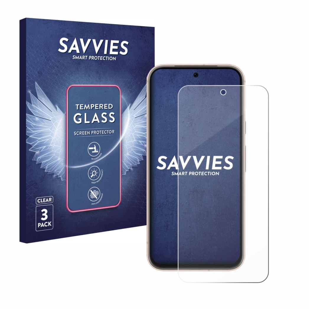 Front side of a product packaging with the brand logo Savvies. Next to it is the device Google Pixel 8a shown with the corresp