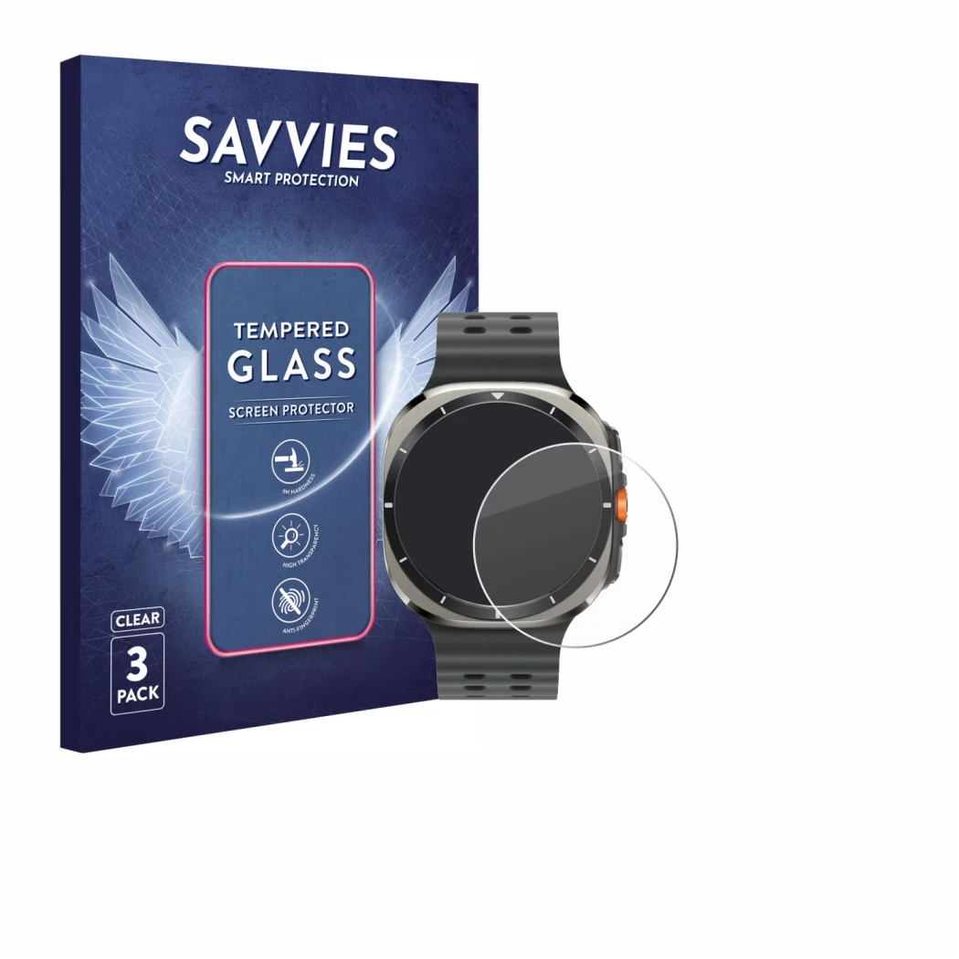 Front side of a product packaging with the brand logo Savvies. Next to it is the device Samsung Galaxy Watch Ultra (47 mm) sho