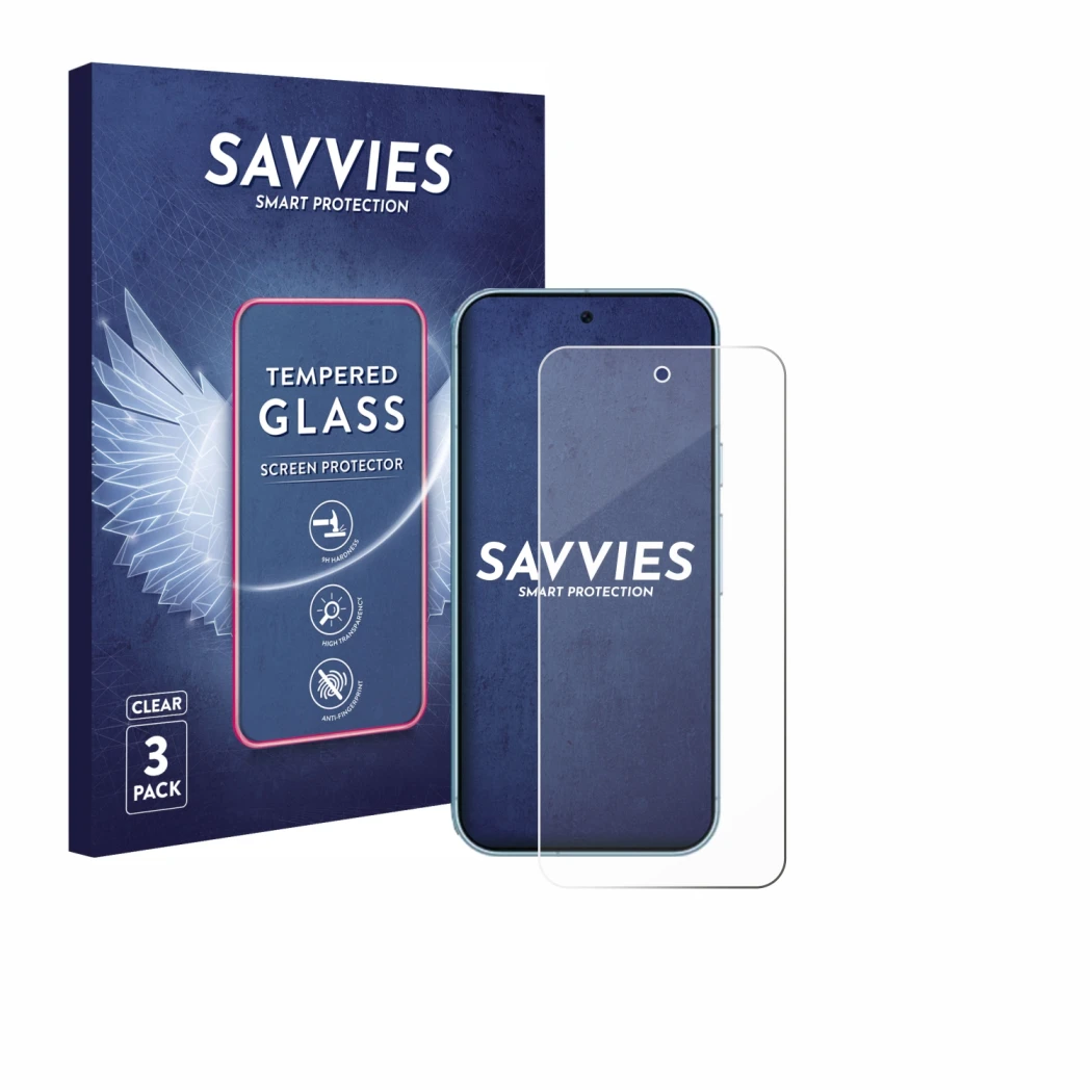 Front side of a product packaging with the brand logo Savvies. Next to it is the device Google Pixel 9 Pro shown with the corr