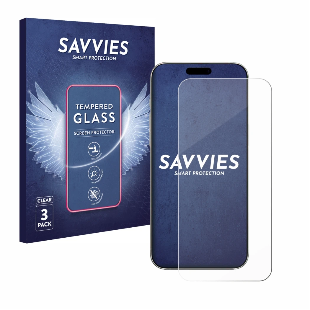 Front side of a product packaging with the brand logo Savvies. Next to it is the device Apple iPhone 16 Pro shown with the cor