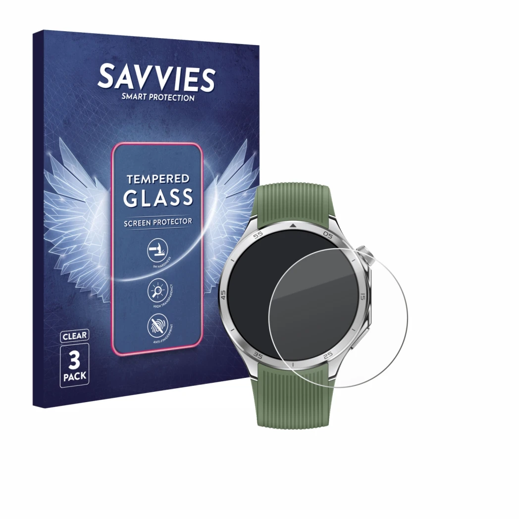 Front side of a product packaging with the brand logo Savvies. Next to it is the device OnePlus Watch 3 shown with the corresp