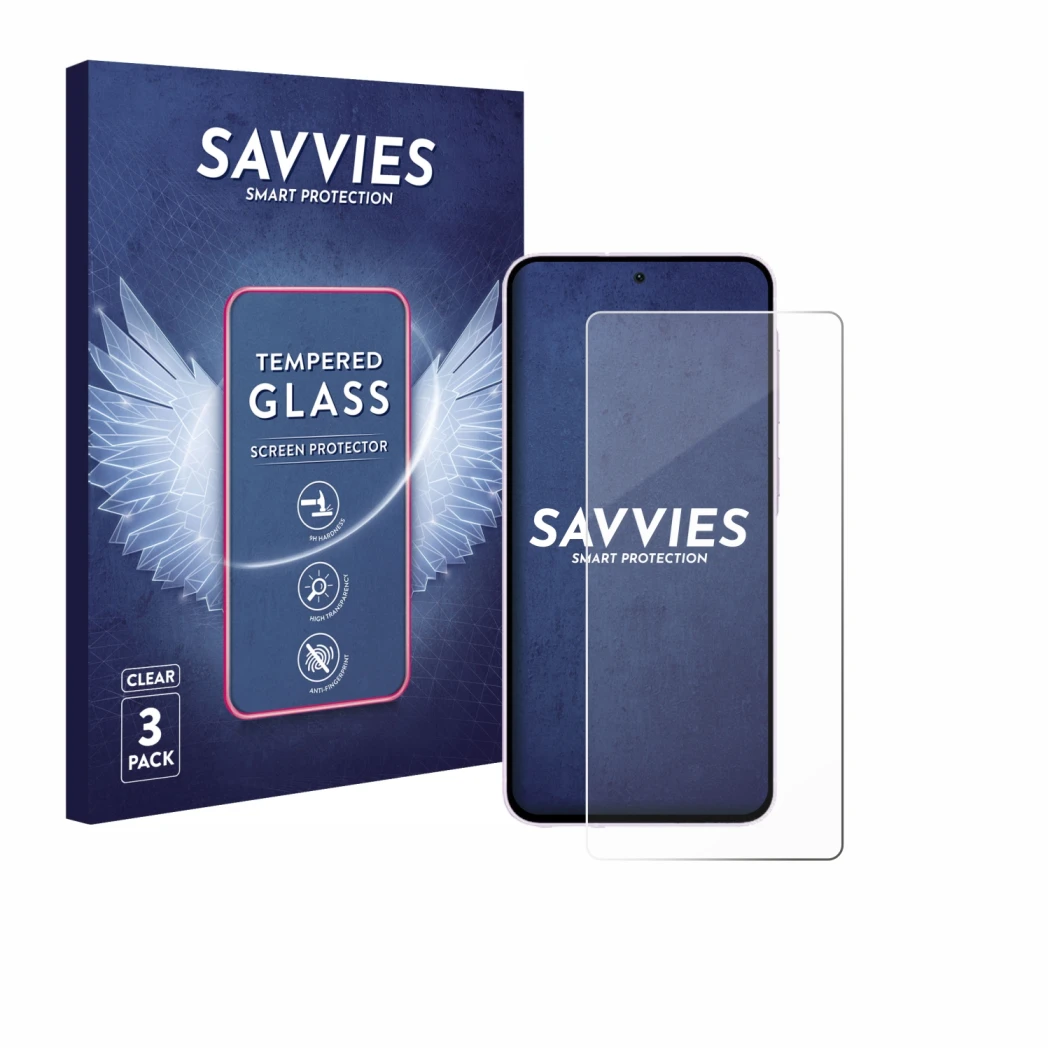 Front side of a product packaging with the brand logo Savvies. Next to it is the device Samsung Galaxy A56 5G shown with the c