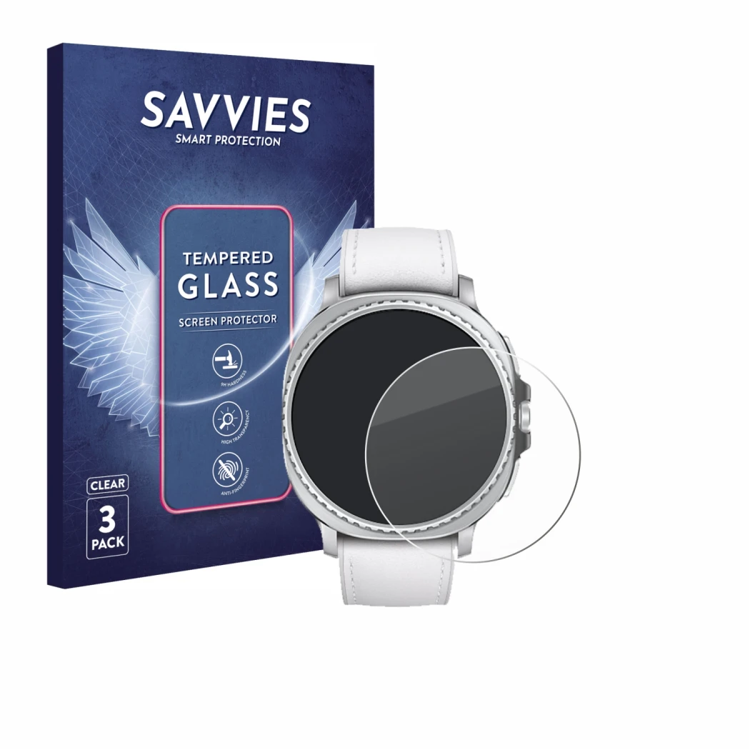 Front side of a product packaging with the brand logo Savvies. Next to it is the device Samsung Galaxy Watch 8 Classic (46 mm)
