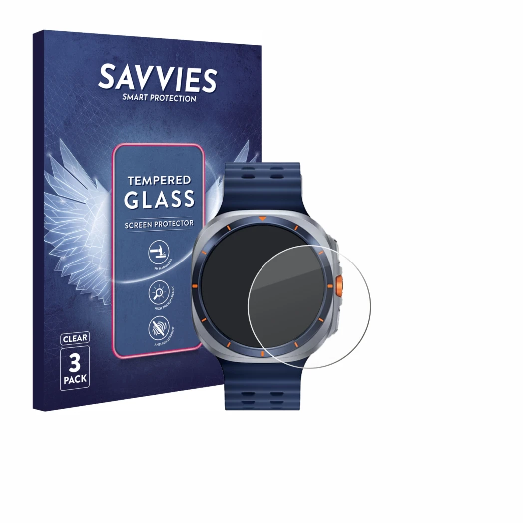 Front side of a product packaging with the brand logo Savvies. Next to it is the device Samsung Galaxy Watch Ultra 2 (47 mm) s
