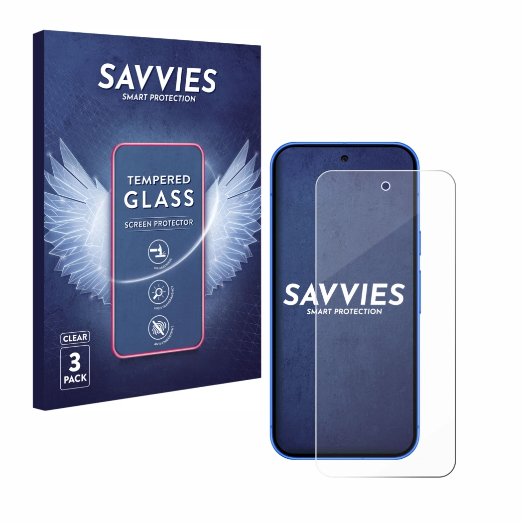 Front side of a product packaging with the brand logo Savvies. Next to it is the device Google Pixel 10 shown with the corresp