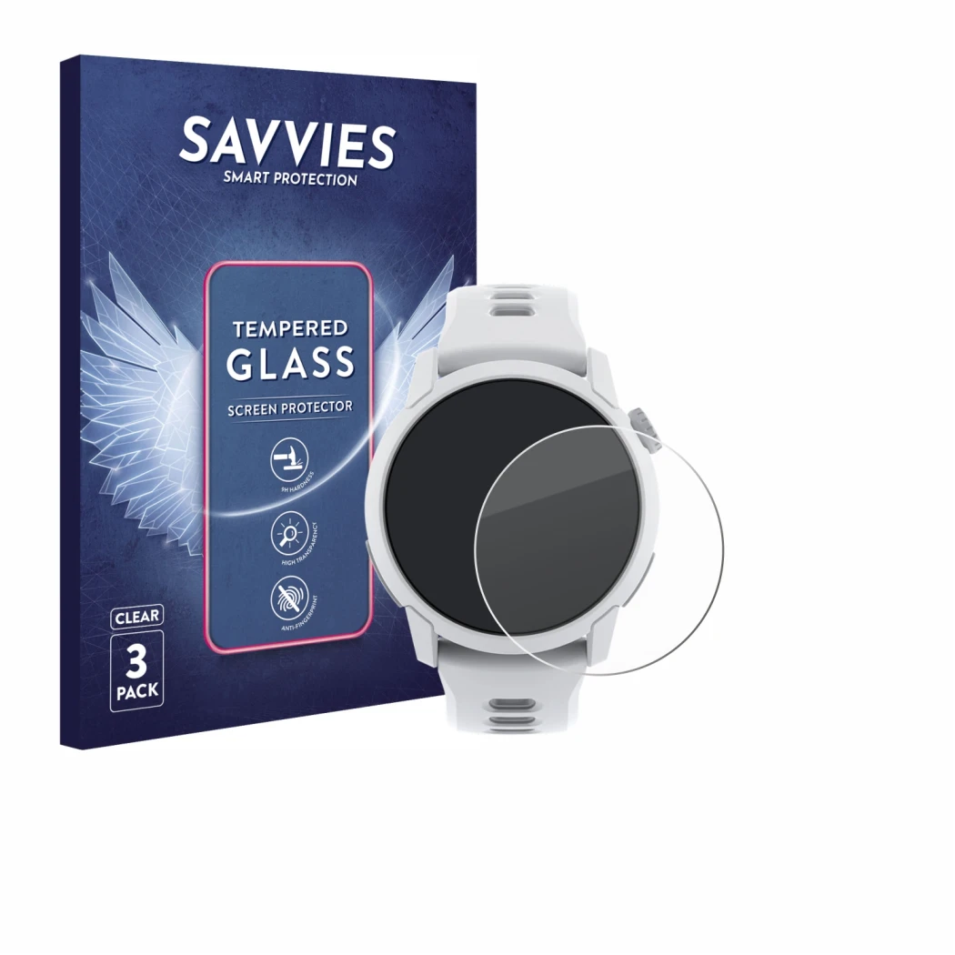 Front side of a product packaging with the brand logo Savvies. Next to it is the device Coros Pace 4 shown with the correspond