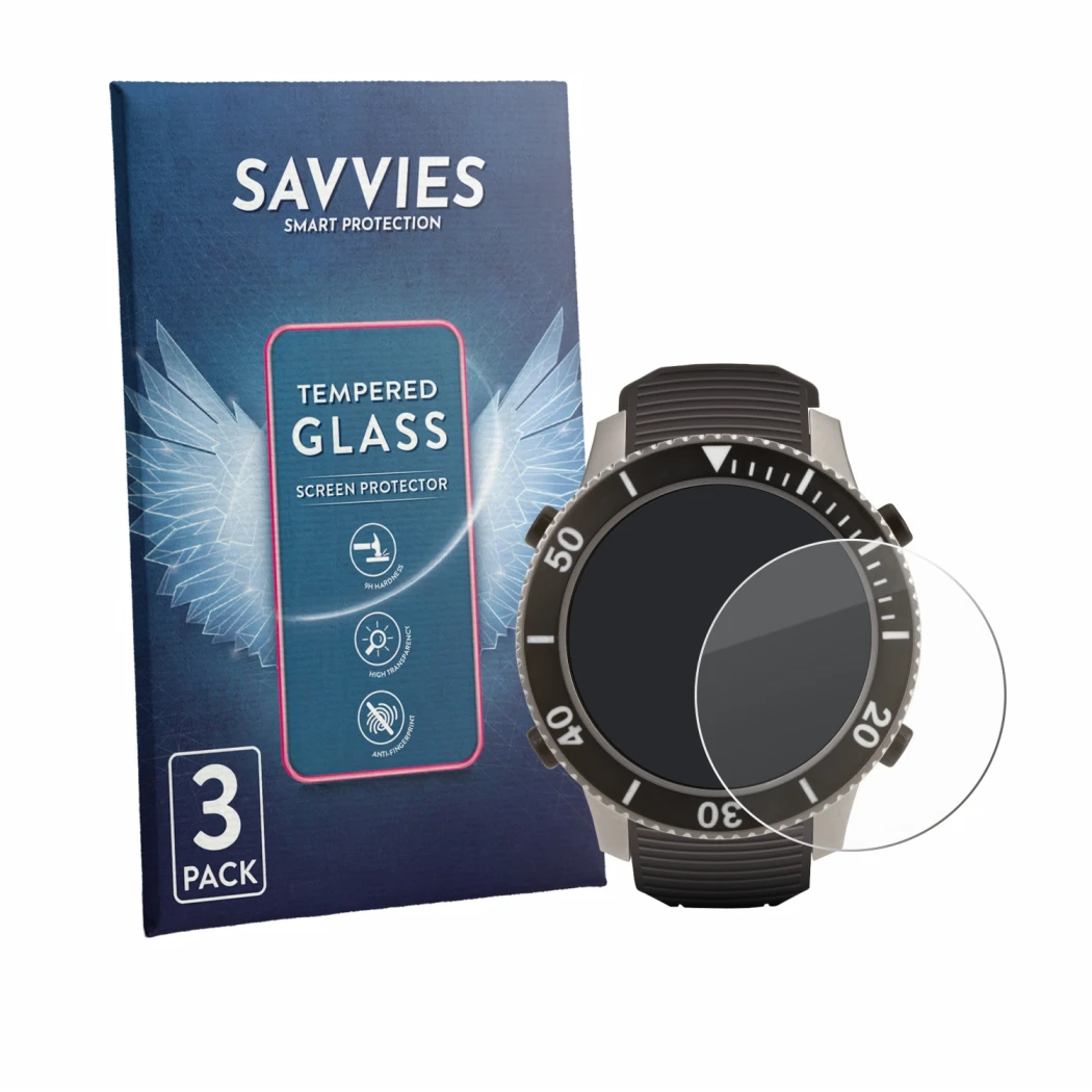 Front side of a product packaging with the brand logo Savvies. Next to it is the device SCUBAPRO Galileo G3 Ti shown with the 