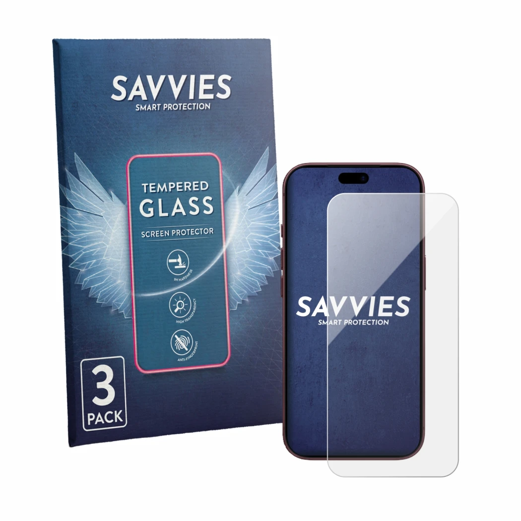 Front side of a product packaging with the brand logo Savvies. Next to it is the device Apple iPhone 18 Pro shown with the cor