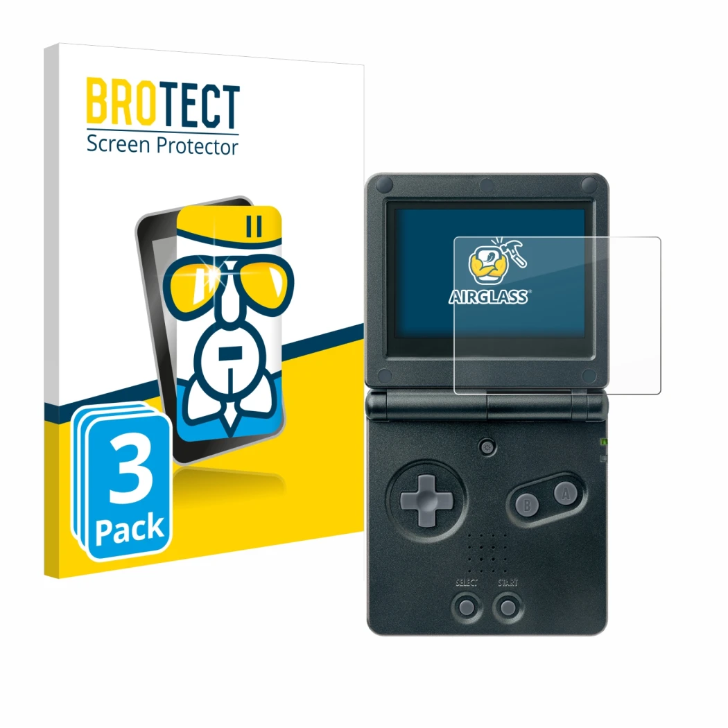 Front side of a product packaging with the brand logo BROTECT. Next to it is the device Nintendo Gameboy Advance GBA SP shown 