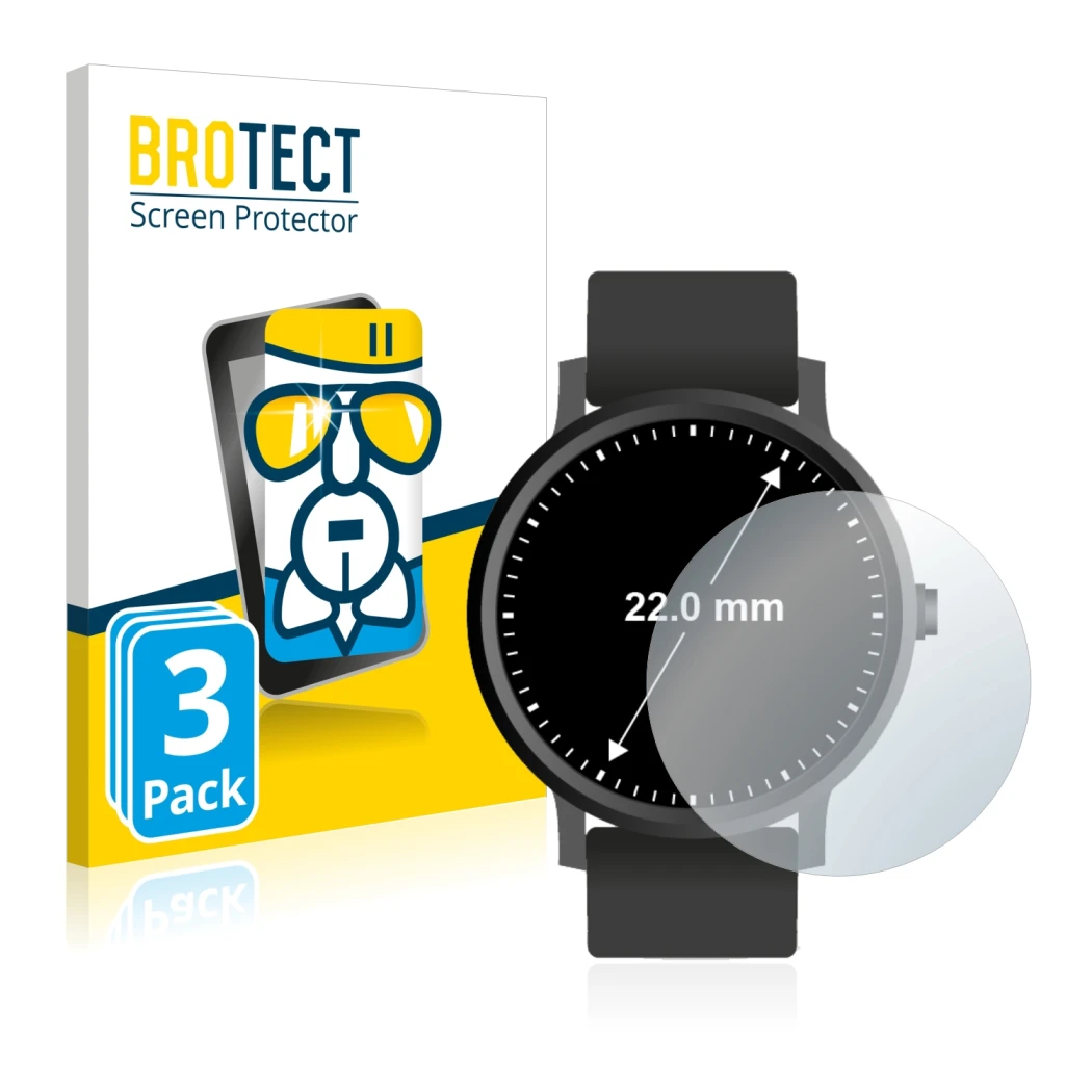 Front side of a product packaging with the brand logo BROTECT. Next to it is the device Watches (Circular, ø: 22 mm) shown wit