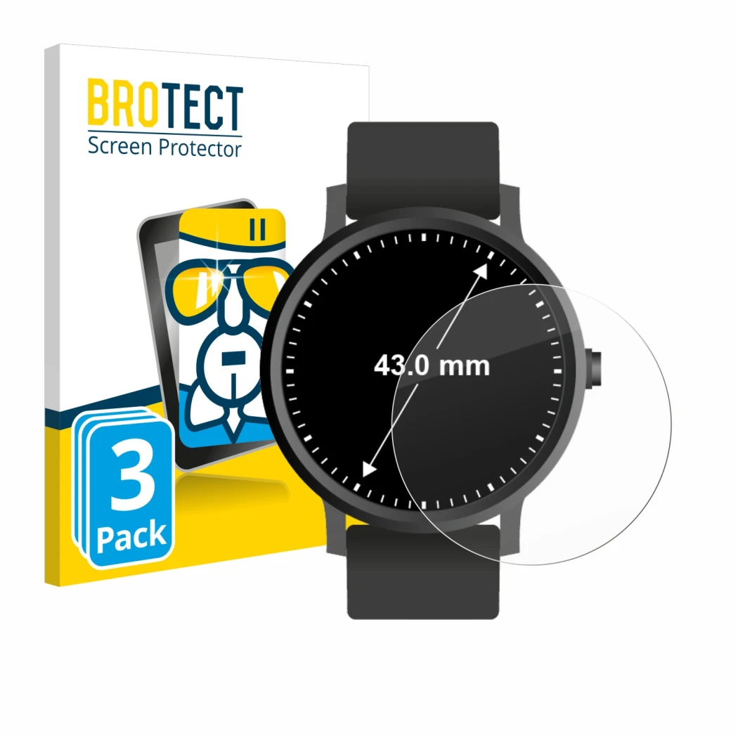 Front side of a product packaging with the brand logo BROTECT. Next to it is the device Watches (Circular, ø: 43 mm) shown wit