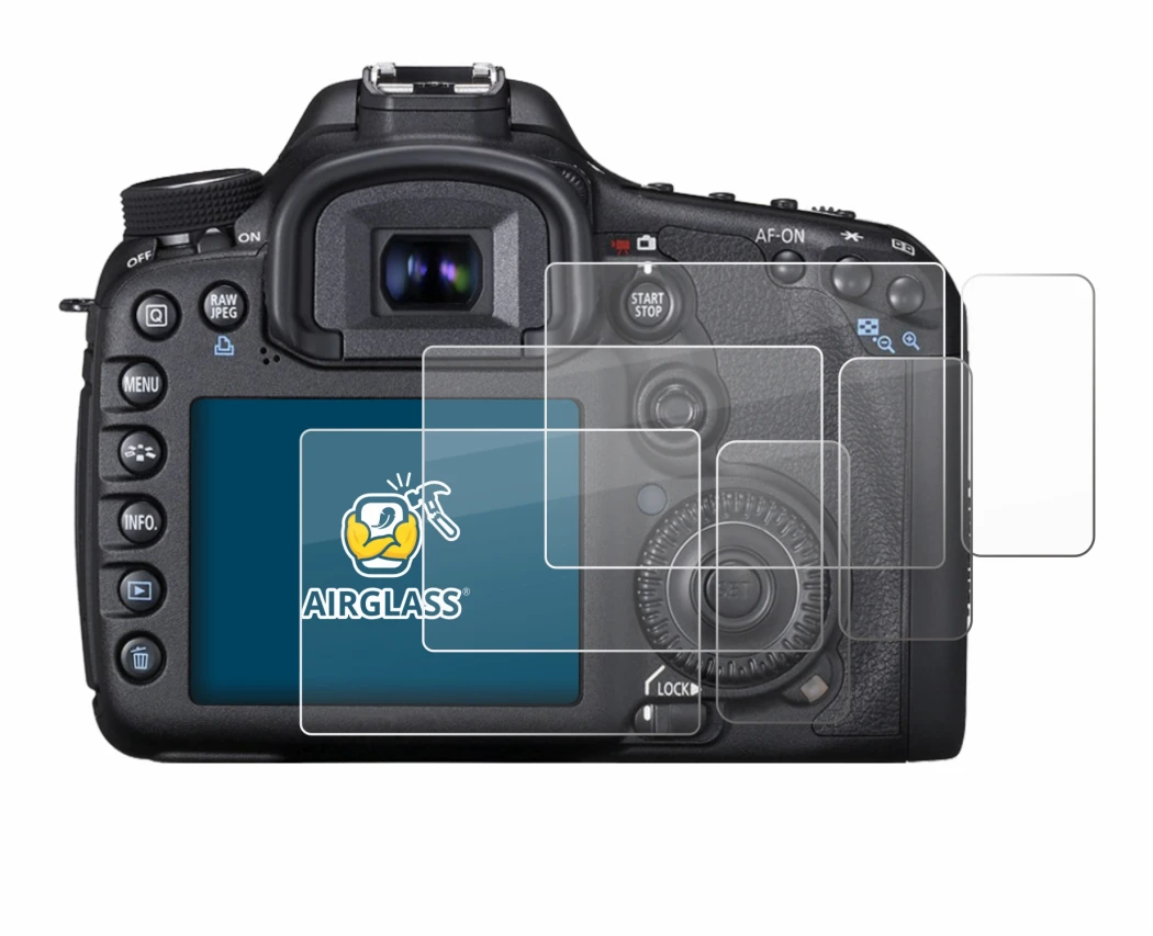 Image of the device Canon EOS 7D with a wide variety of screen protectors.