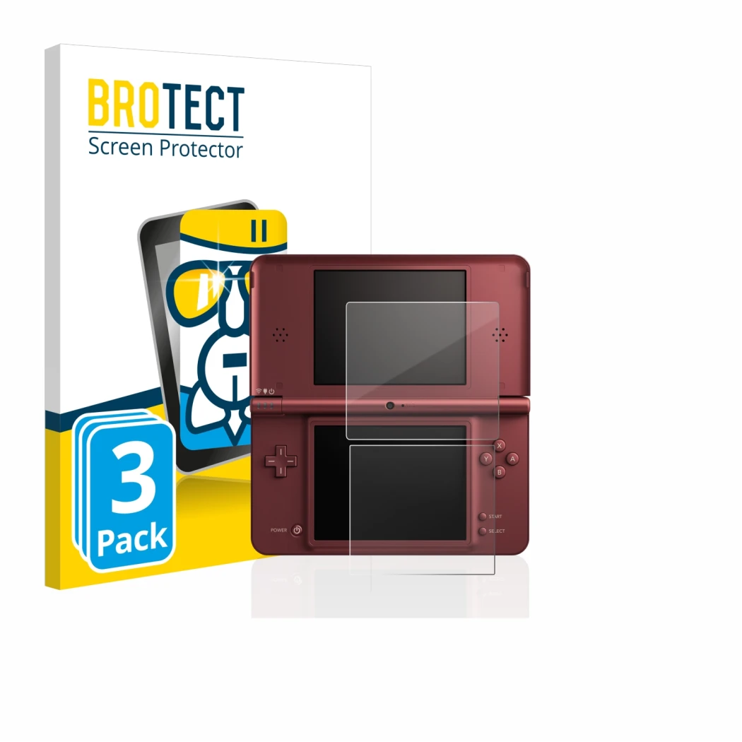 Front side of a product packaging with the brand logo BROTECT. Next to it is the device Nintendo DSi XL shown with the corresp