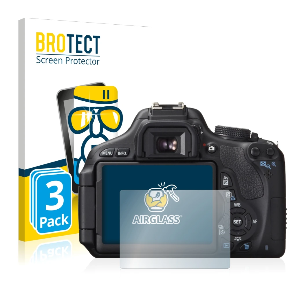 Front side of a product packaging with the brand logo BROTECT. Next to it is the device Canon EOS 600D shown with the correspo