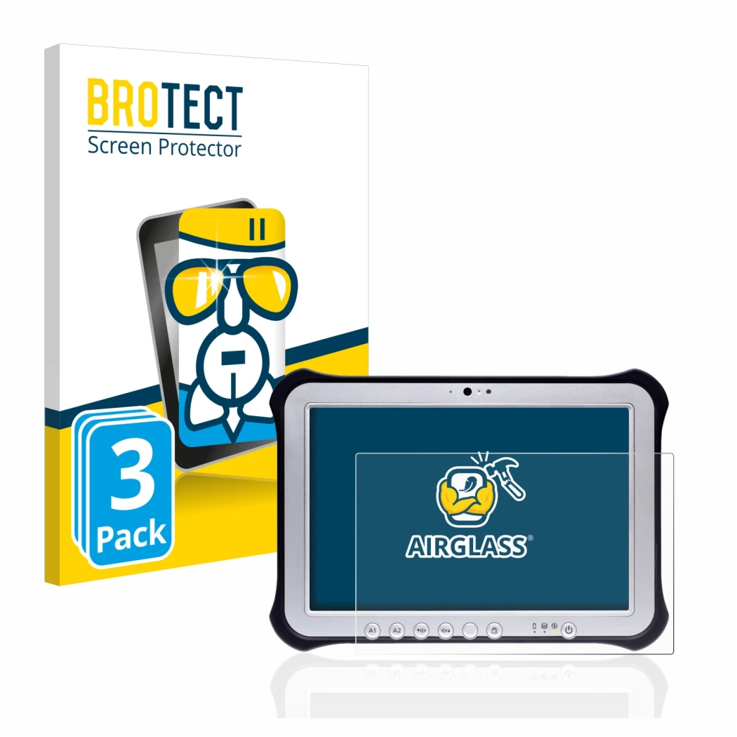 Front side of a product packaging with the brand logo BROTECT. Next to it is the device Panasonic Toughpad FZ-G1 shown with th