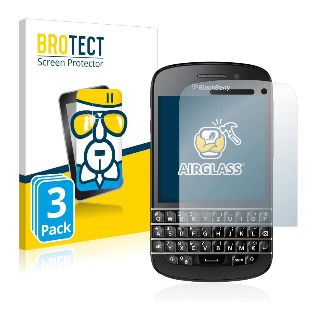Front side of a product packaging with the brand logo BROTECT. Next to it is the device BlackBerry Q10 shown with the correspo