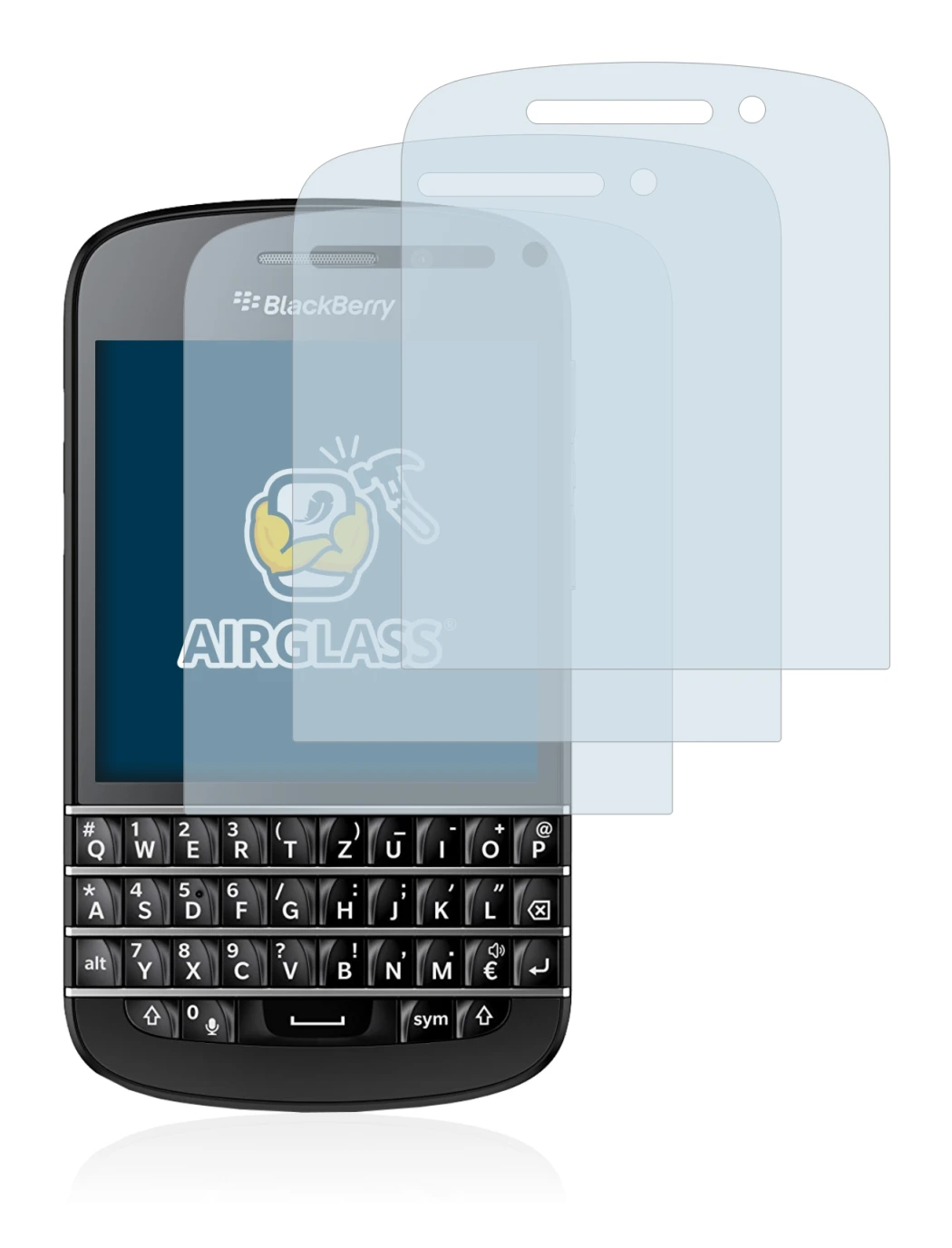 Image of the device BlackBerry Q10 with a wide variety of screen protectors.