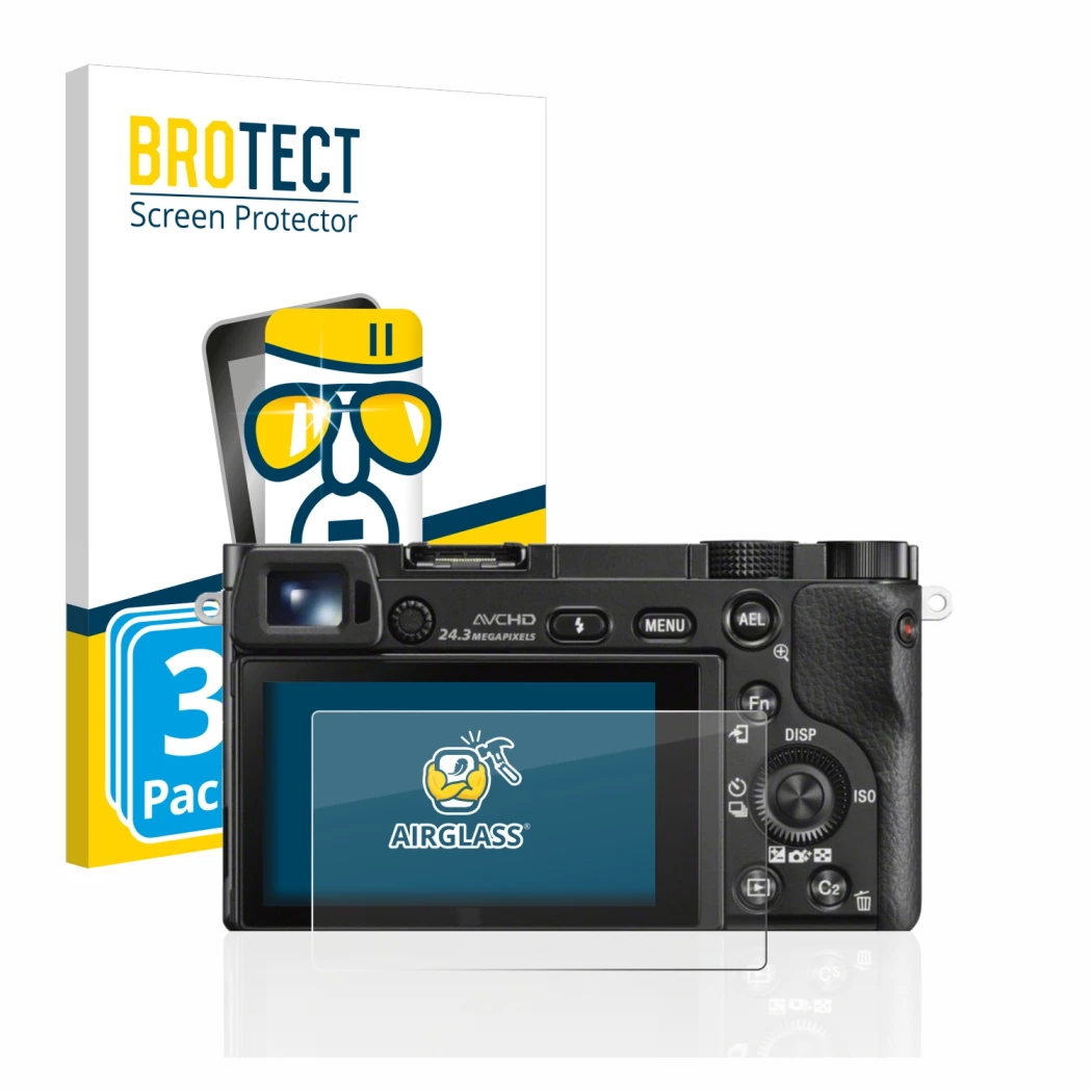Front side of a product packaging with the brand logo BROTECT. Next to it is the device Sony Alpha 6000 shown with the corresp