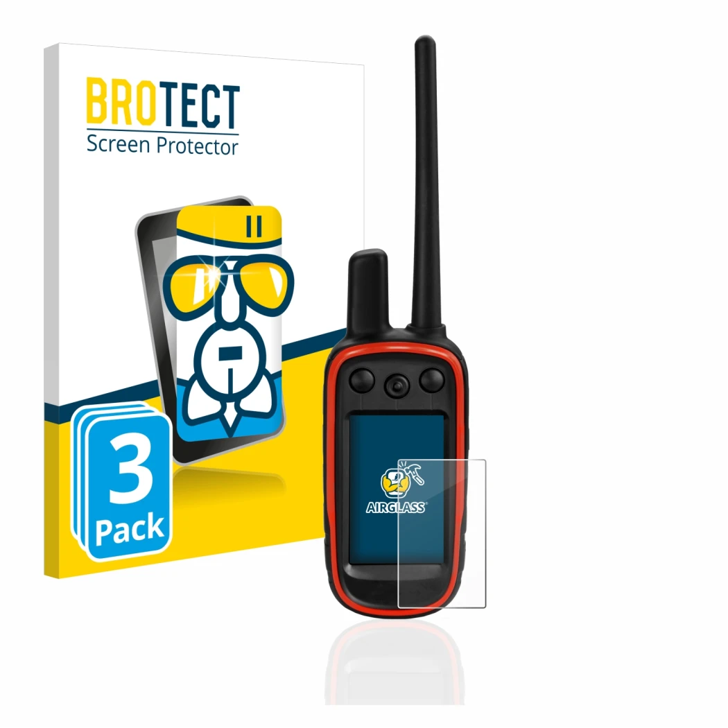 Front side of a product packaging with the brand logo BROTECT. Next to it is the device Garmin Alpha 100 shown with the corres