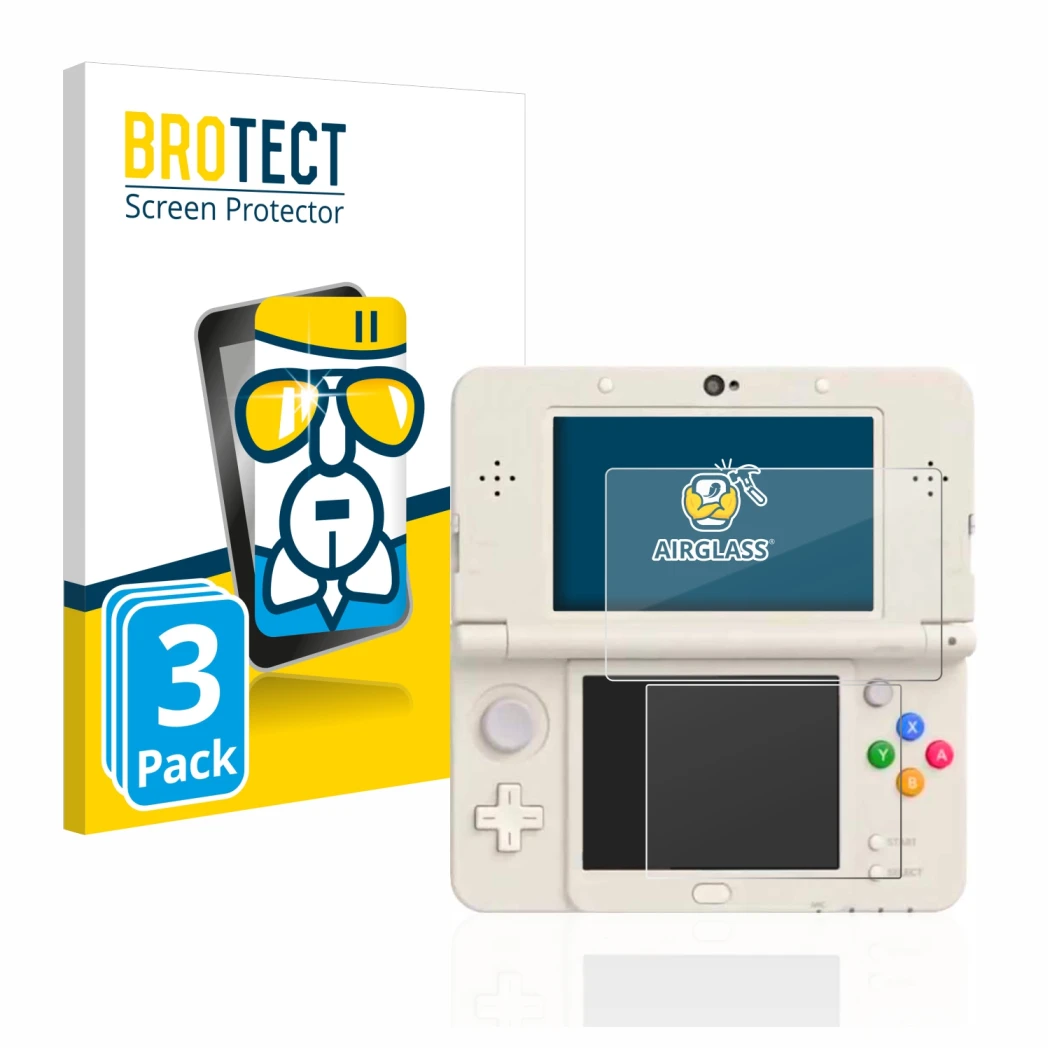Front side of a product packaging with the brand logo BROTECT. Next to it is the device Nintendo New 3DS shown with the corres