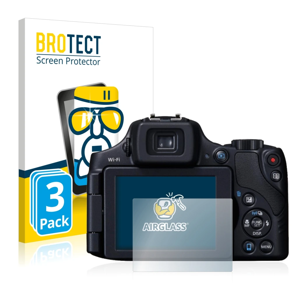 Front side of a product packaging with the brand logo BROTECT. Next to it is the device Canon PowerShot SX60 HS shown with the