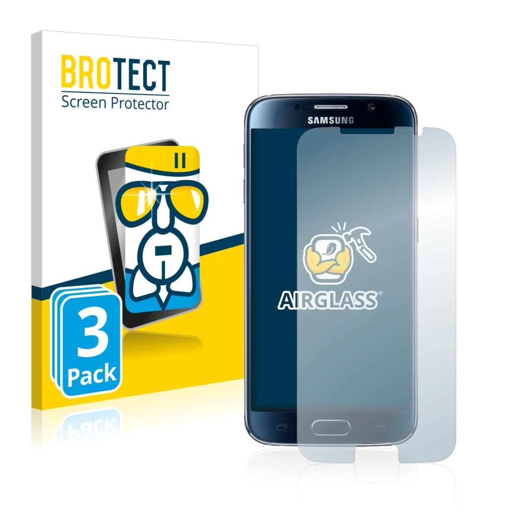 Front side of a product packaging with the brand logo BROTECT. Next to it is the device Samsung Galaxy S6 shown with the corre