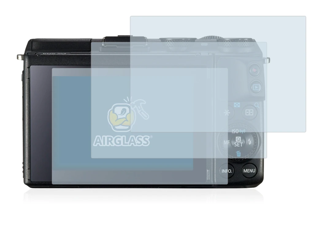 Image of the device Canon EOS M3 with a wide variety of screen protectors.