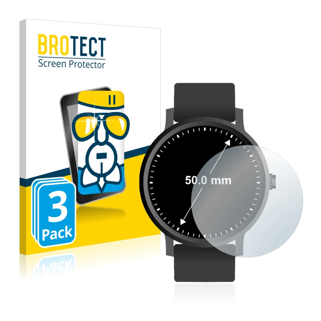 Front side of a product packaging with the brand logo BROTECT. Next to it is the device Watches (Circular, ø: 50 mm) shown wit