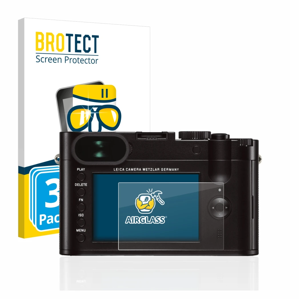 Front side of a product packaging with the brand logo BROTECT. Next to it is the device Leica Q (Typ 116) shown with the corre