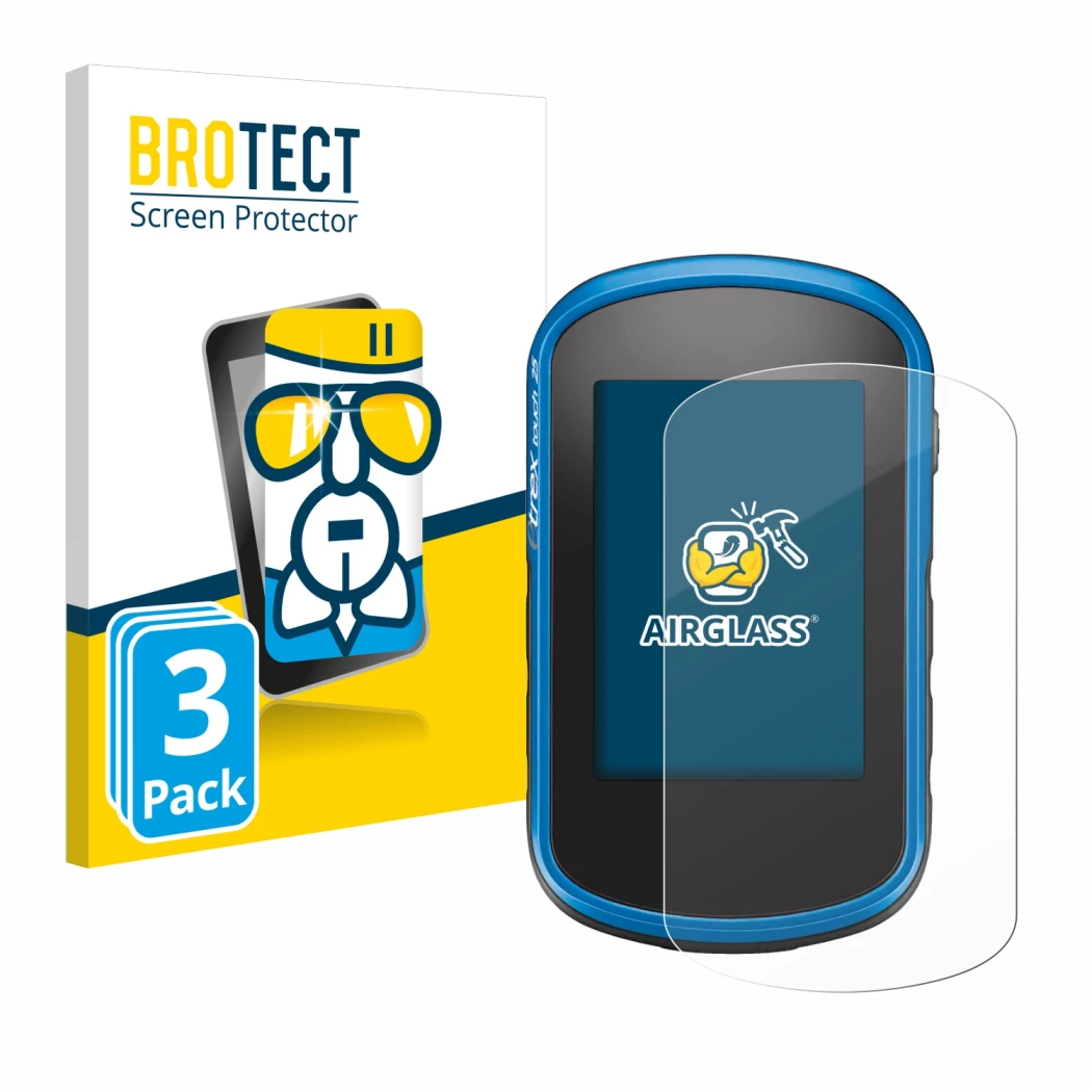 Front side of a product packaging with the brand logo BROTECT. Next to it is the device Garmin eTrex Touch 35 shown with the c