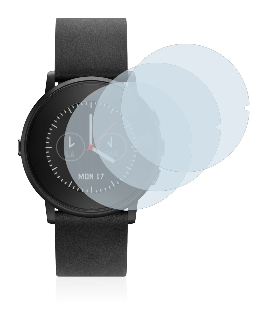 Image of the device Pebble Time Round with a wide variety of screen protectors.