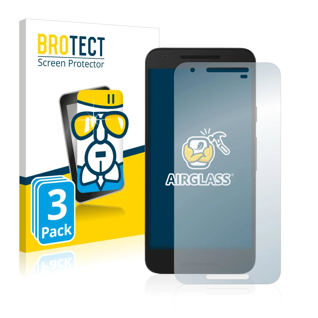 Front side of a product packaging with the brand logo BROTECT. Next to it is the device Google Nexus 5X shown with the corresp