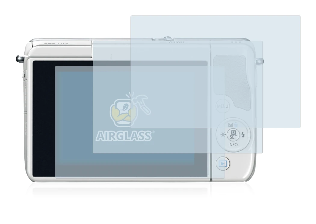 Image of the device Canon EOS M10 with a wide variety of screen protectors.