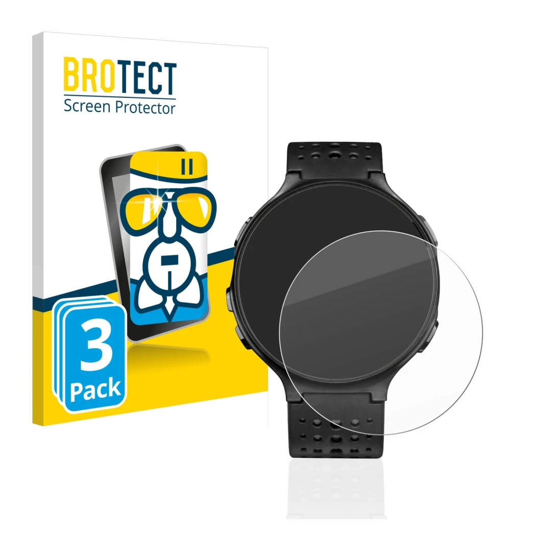 Front side of a product packaging with the brand logo BROTECT. Next to it is the device Garmin Forerunner 235 shown with the c