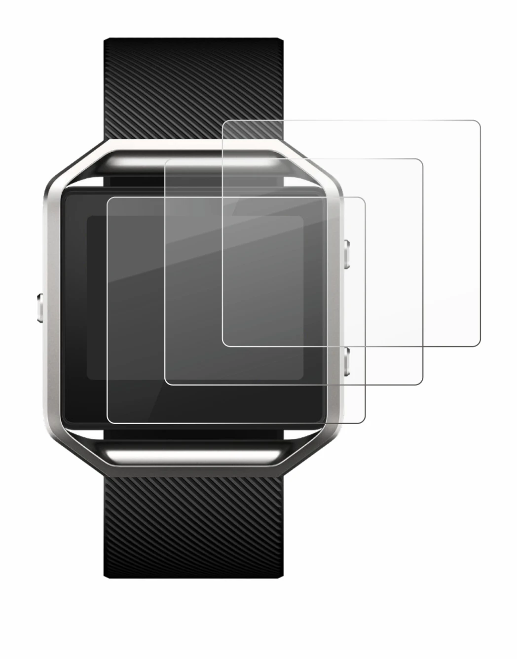 Image of the device Fitbit Blaze with a wide variety of screen protectors.