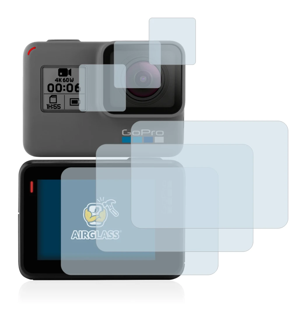 Image of the device GoPro Hero 5 Black with a wide variety of screen protectors.