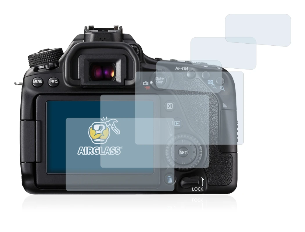 Image of the device Canon EOS 80D with a wide variety of screen protectors.