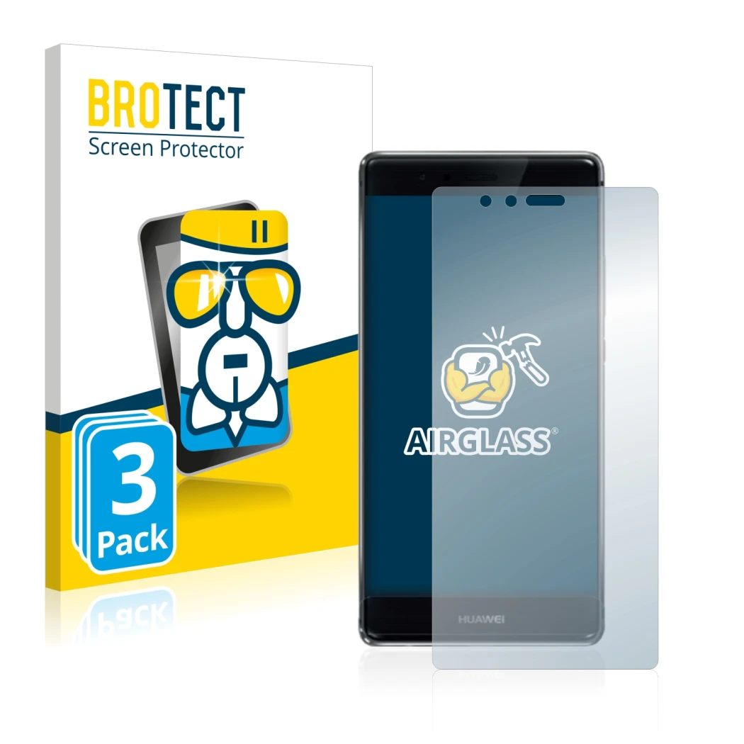 Front side of a product packaging with the brand logo BROTECT. Next to it is the device Huawei P9 Plus shown with the correspo