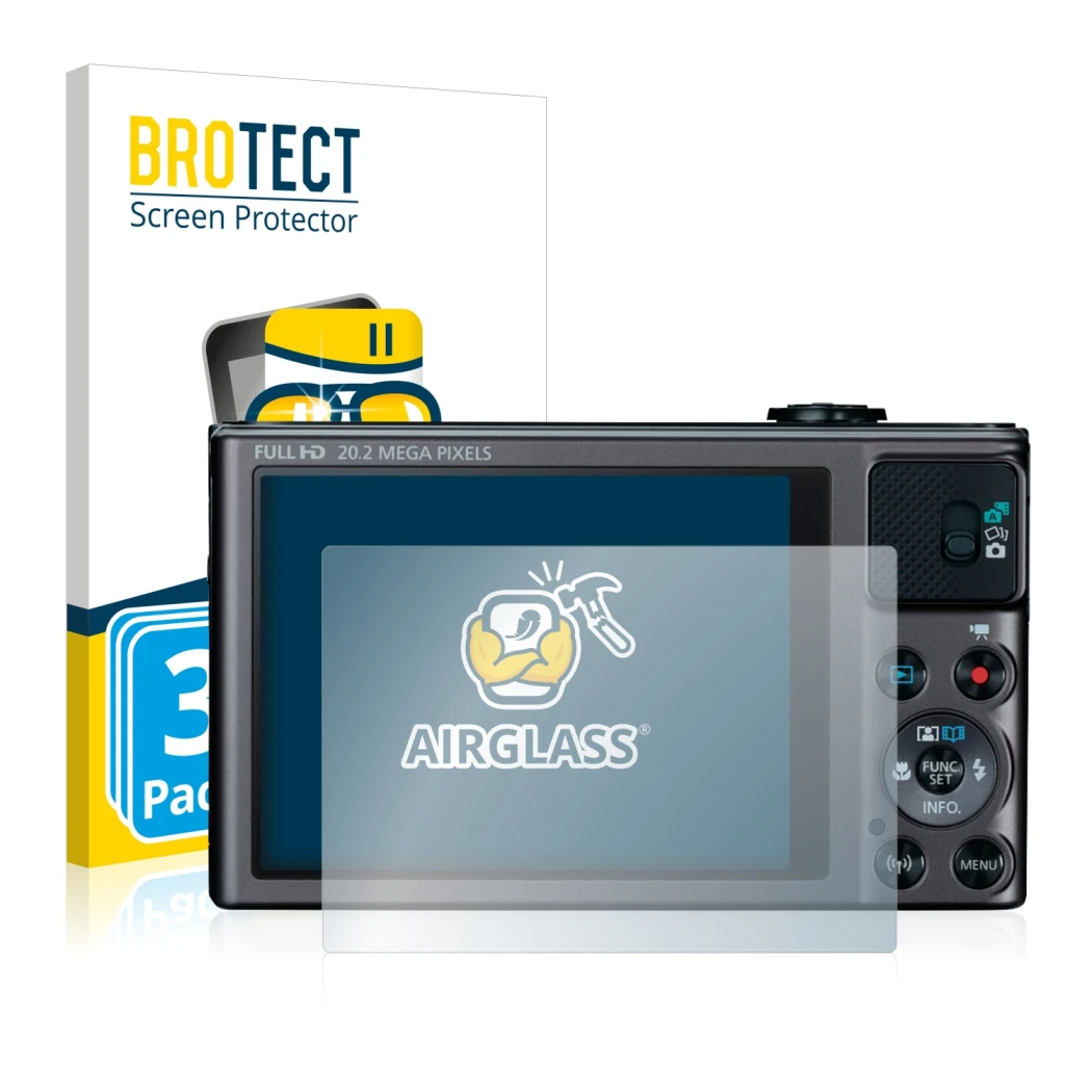 Front side of a product packaging with the brand logo BROTECT. Next to it is the device Canon PowerShot SX620 HS shown with th