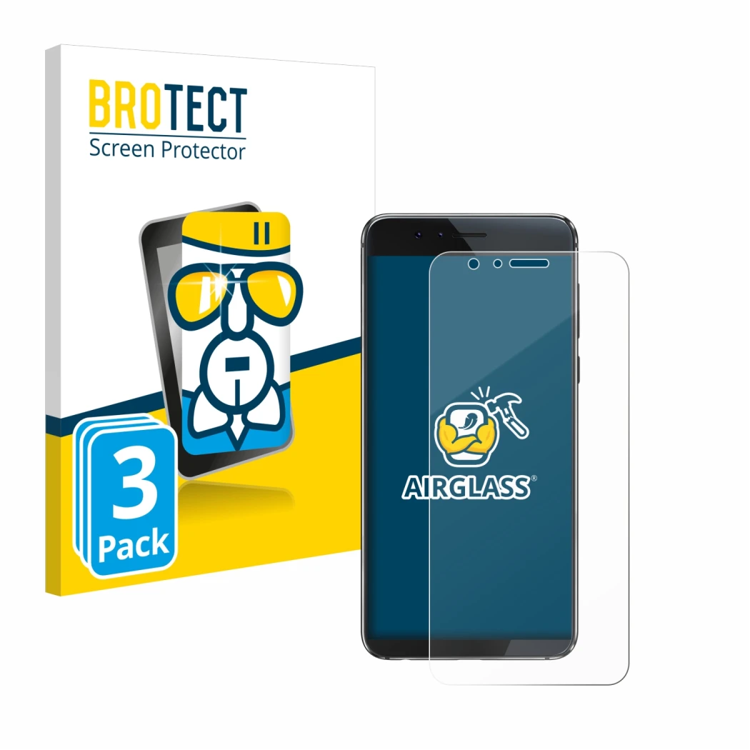 Front side of a product packaging with the brand logo BROTECT. Next to it is the device Honor 8 shown with the corresponding s
