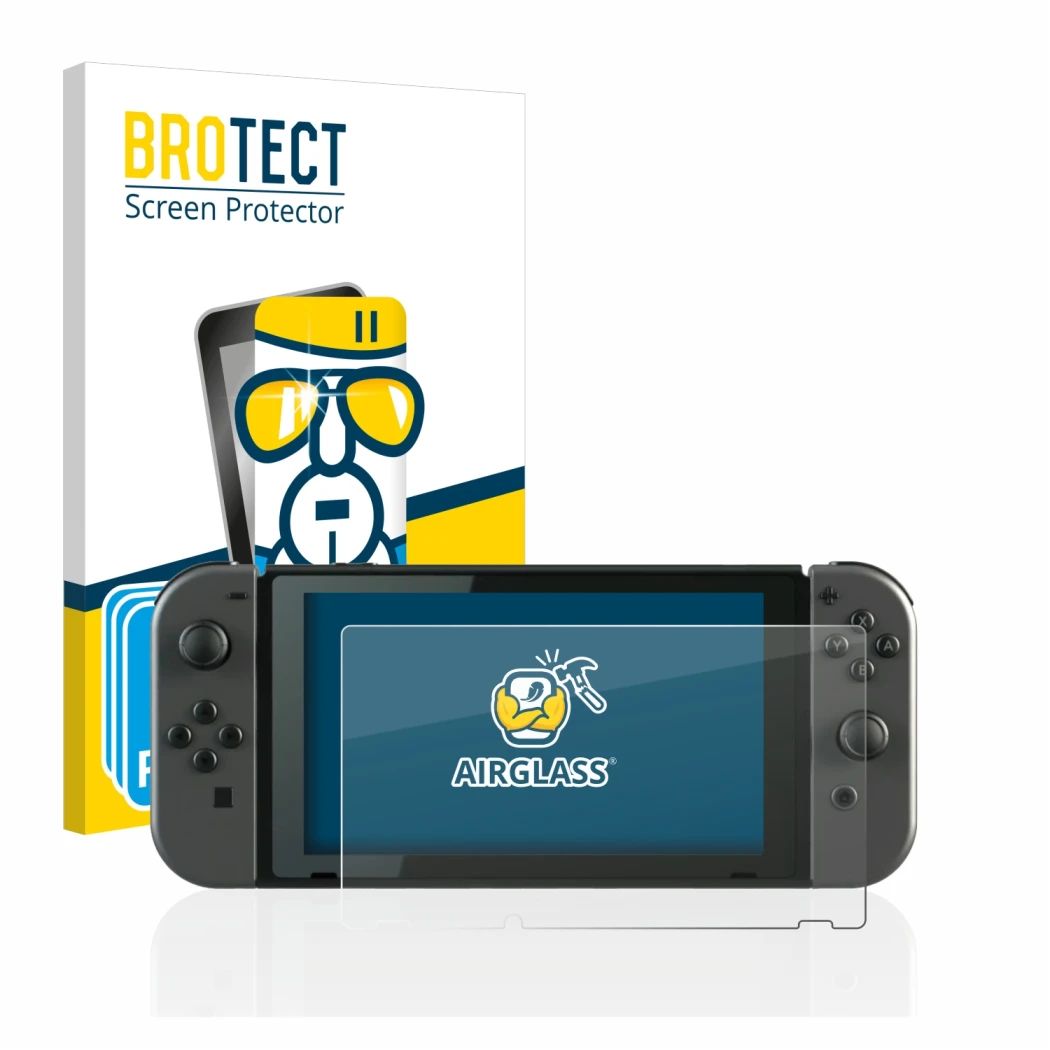 Front side of a product packaging with the brand logo BROTECT. Next to it is the device Nintendo Switch shown with the corresp