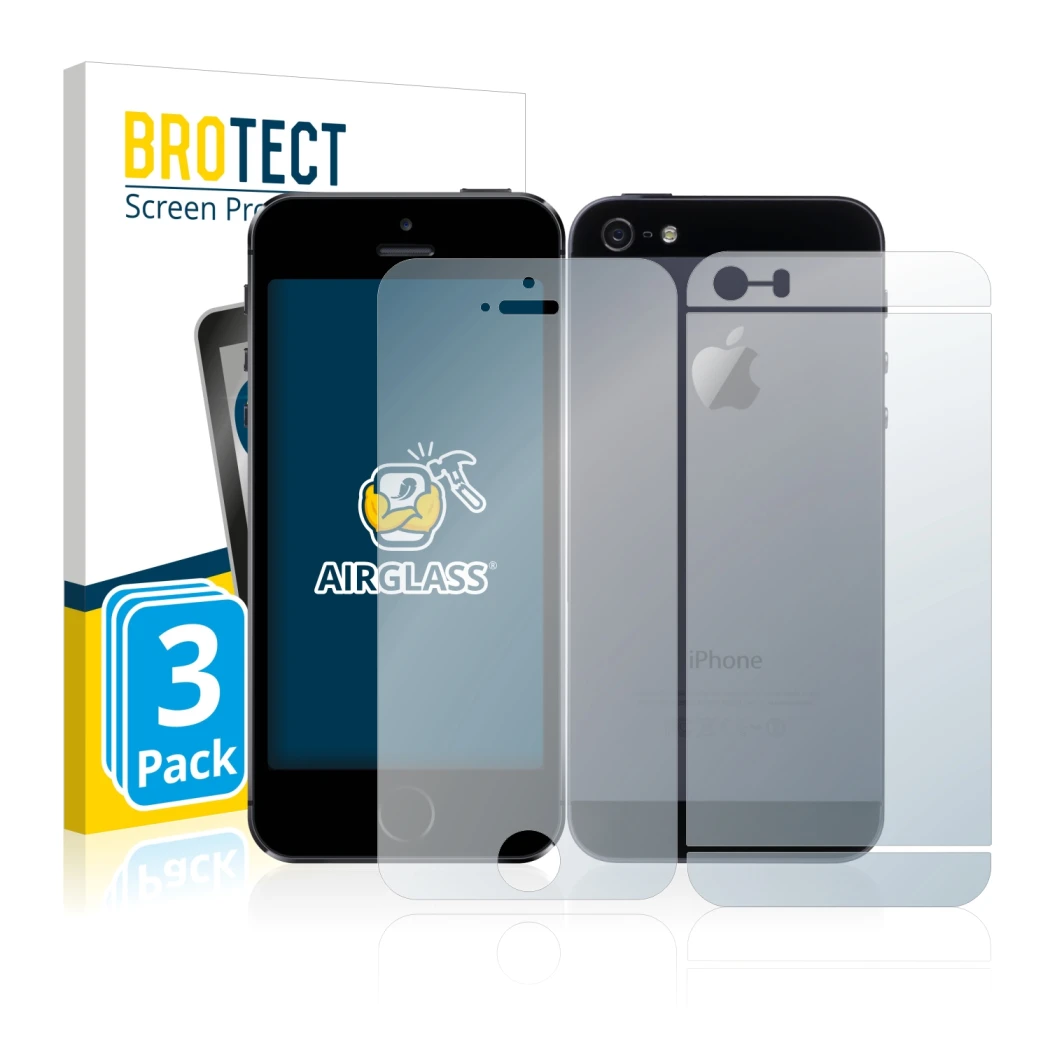 Front side of a product packaging with the brand logo BROTECT. Next to it is the device Apple iPhone 5S (Front+Back) shown wit