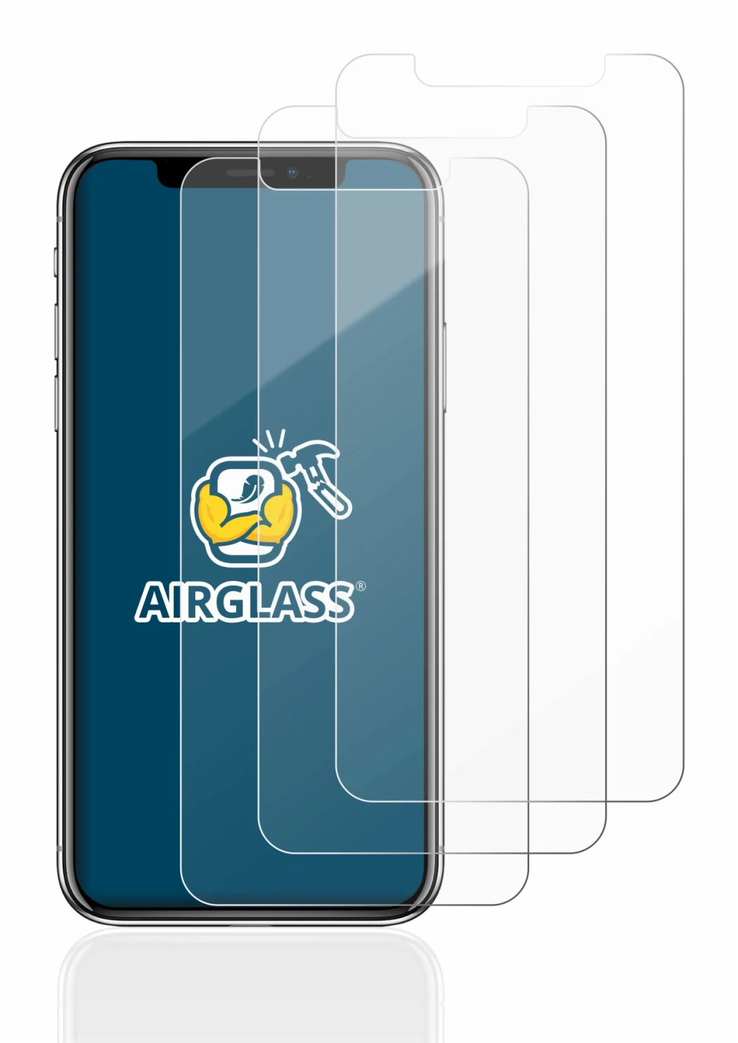 Image of the device Apple iPhone X with a wide variety of screen protectors.