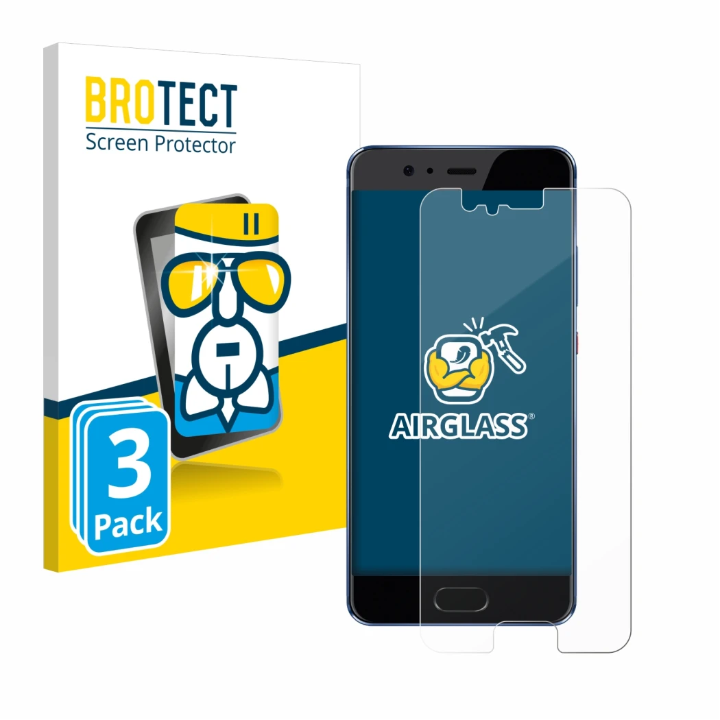 Front side of a product packaging with the brand logo BROTECT. Next to it is the device Huawei P10 shown with the correspondin