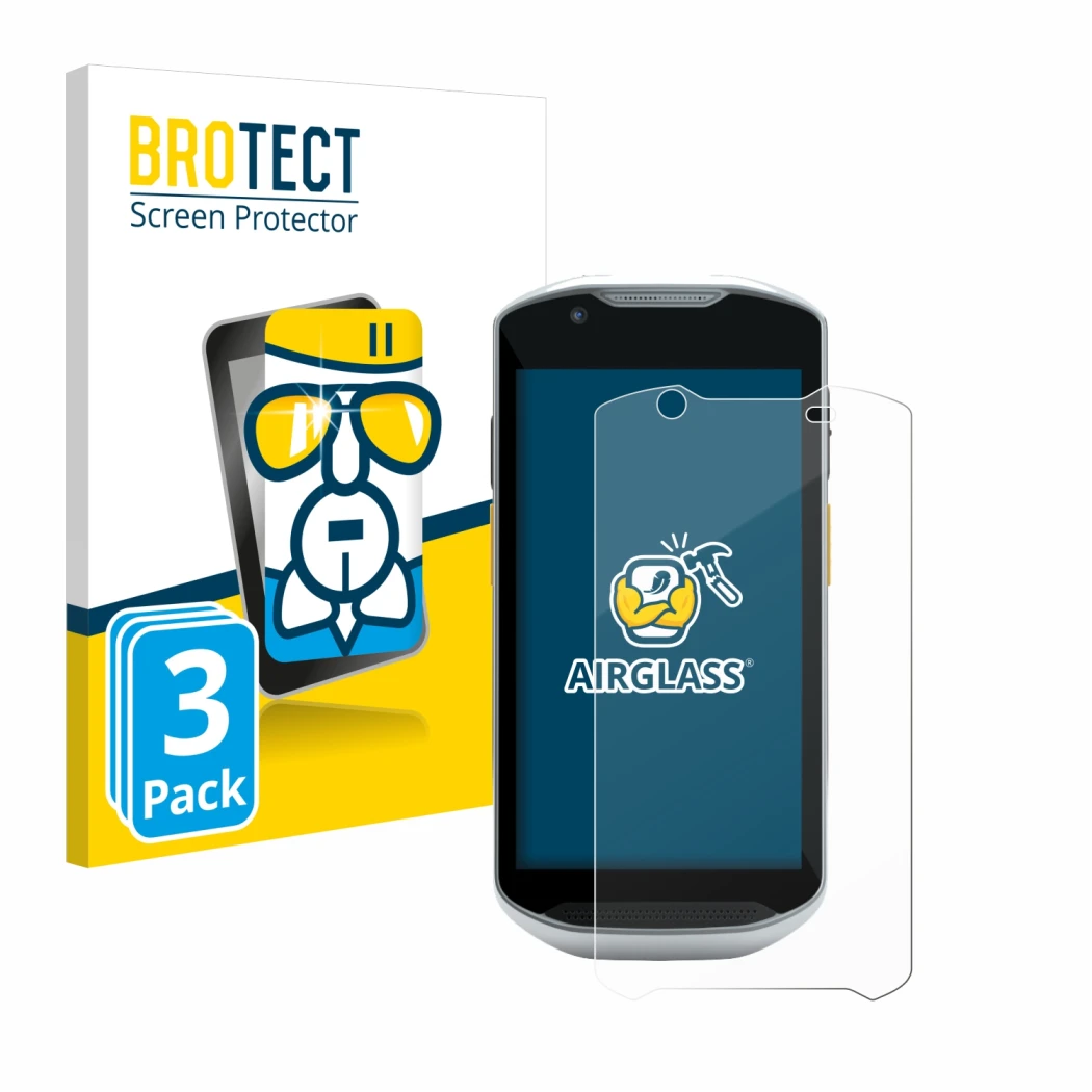 Front side of a product packaging with the brand logo BROTECT. Next to it is the device Zebra TC56 shown with the correspondin