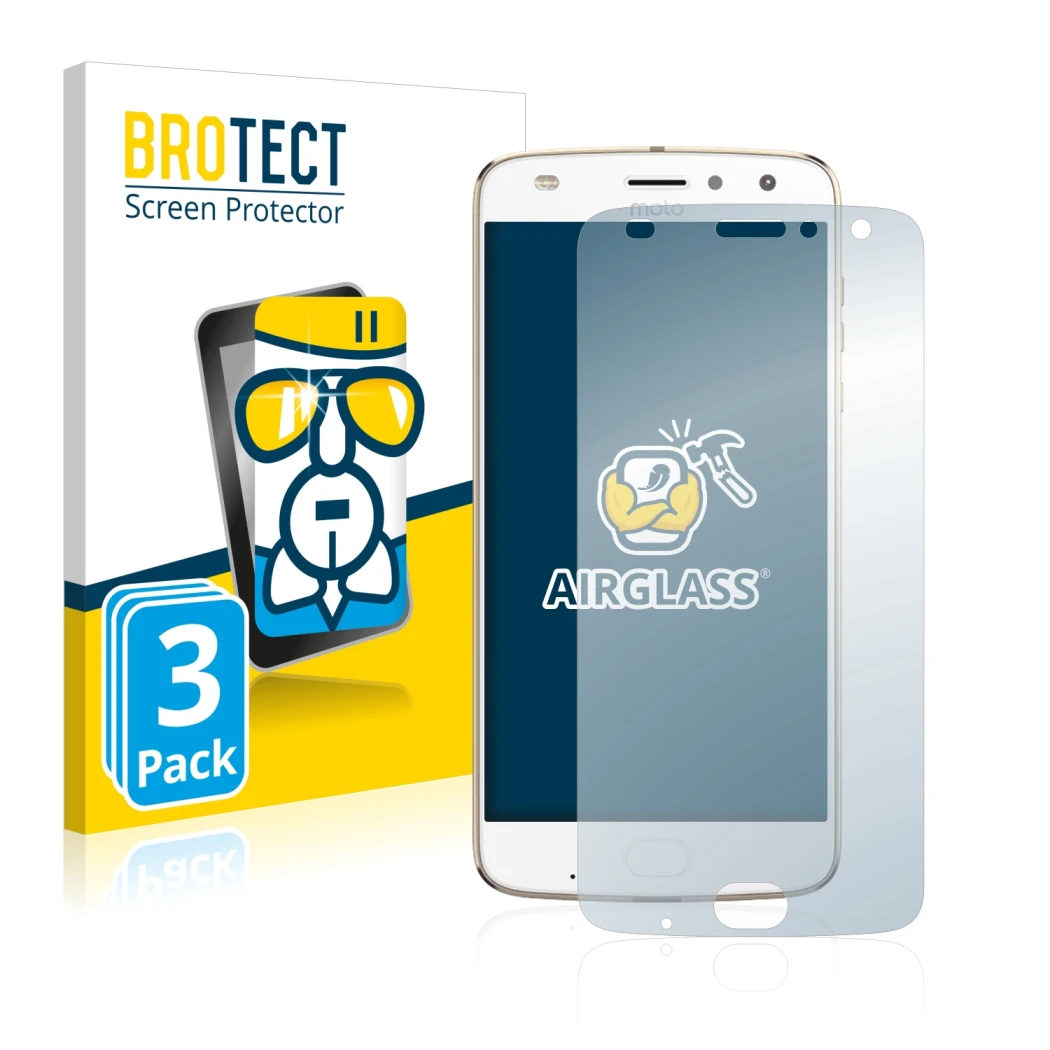 Front side of a product packaging with the brand logo BROTECT. Next to it is the device Lenovo Moto Z2 Play shown with the cor