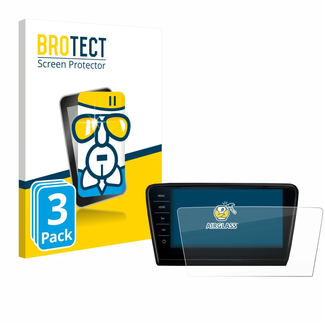 Front side of a product packaging with the brand logo BROTECT. Next to it is the device Skoda Octavia 2017 Infotainment System