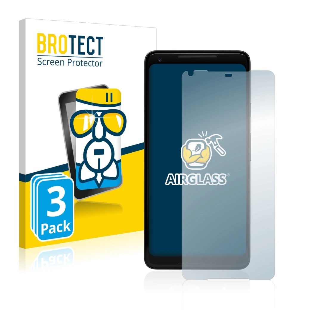 Front side of a product packaging with the brand logo BROTECT. Next to it is the device Google Pixel 2 XL shown with the corre