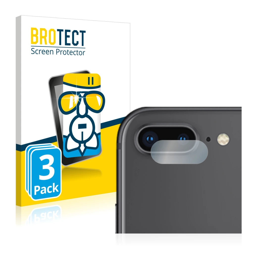 Front side of a product packaging with the brand logo BROTECT. Next to it is the device Apple iPhone 8 Plus (ONLY Camera Lens)